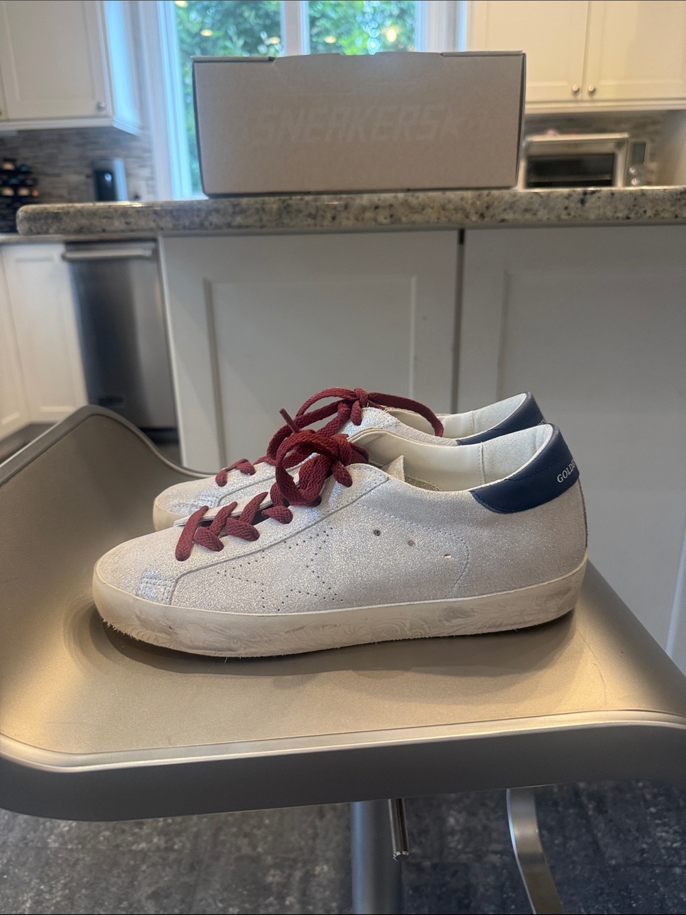 NIB Golden Goose SILVER SUPER STAR Glitter with Navy Heel and Burgundy Laces